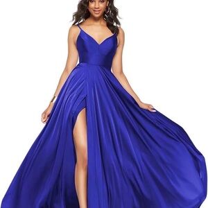 Royal Blue Evening Gown - V-Neck Spaghetti Strap Dress